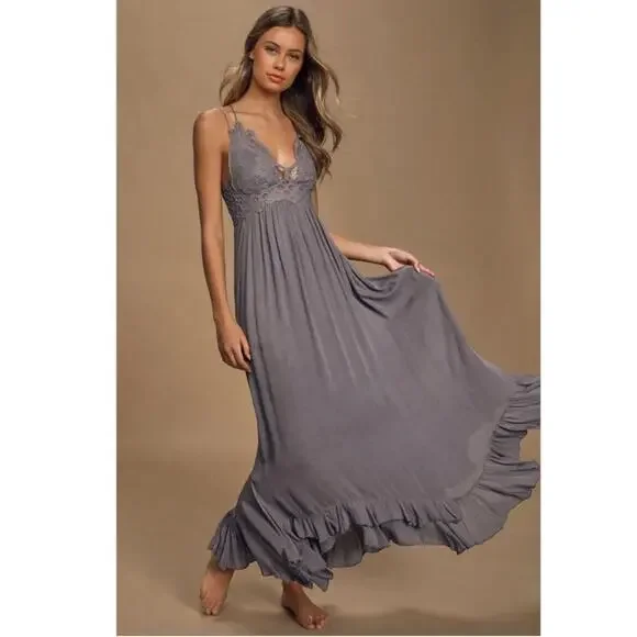 Free People Adella Lace Maxi Dress Slate Gray XS - Picture 4 of 12